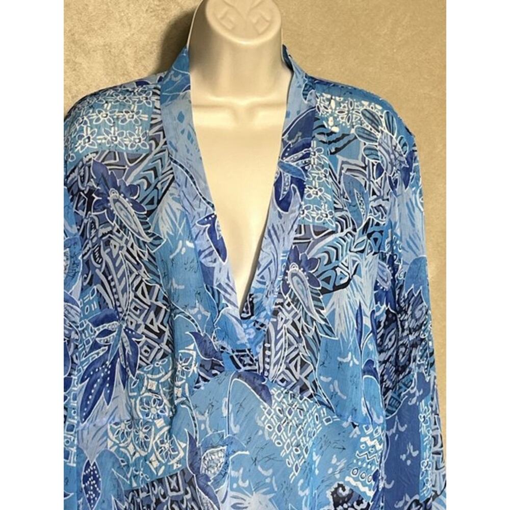 Susan Graver Style 1X Tunic Colorful Blue Print Coastal Cruise Resort Shore